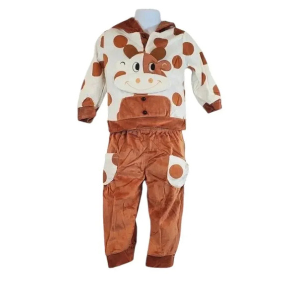 6-9M Super Soft Brown and White Cow 2 piece Velvet with Hooded Ears Baby Set - Picture 1 of 9
